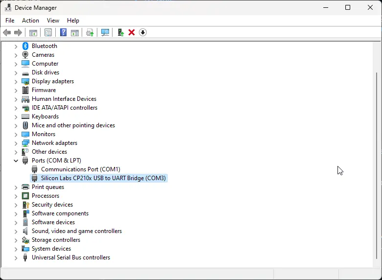 Device Manager with UART bridge serial port